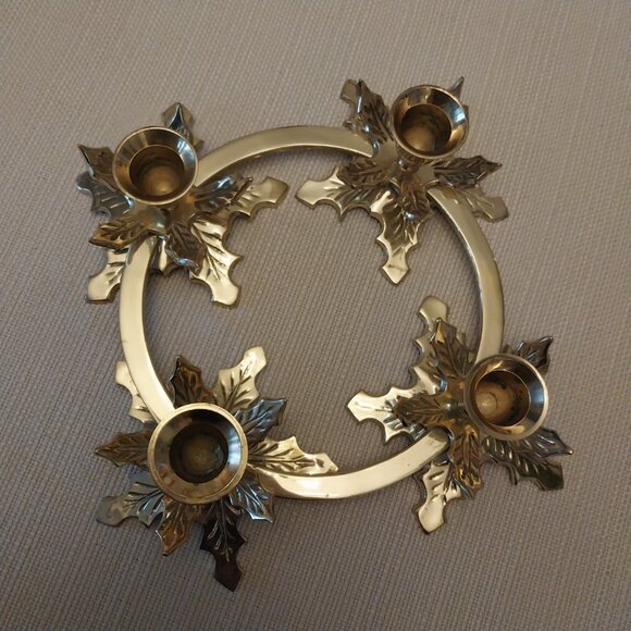 Vtg Solid Brass Poinsettia 11" Candle Stick Holder Ring Christmas Classic - Picture 4 of 6